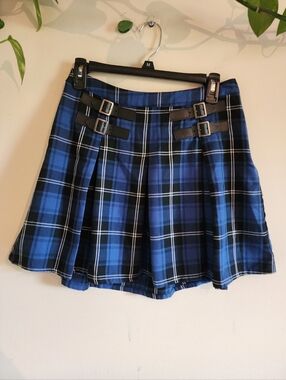 Hot Topic Blue Plaid Pleated Mini Skirt with Double Buckles - Size S